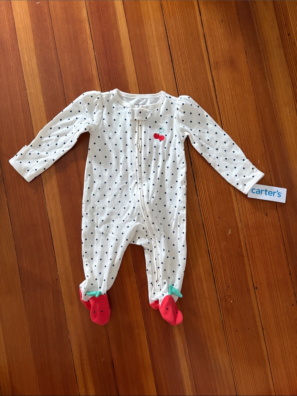 Carter's White Polka Dot Footed One-Piece with Red Strawberry Feet